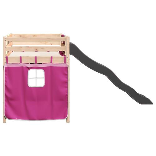 Højseng med gardiner 90x190 cm massivt fyrretræ pink