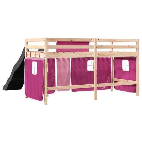 Højseng med gardiner 90x190 cm massivt fyrretræ pink