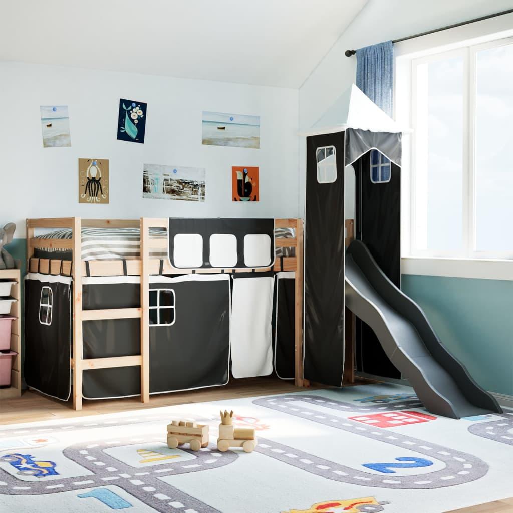 Højseng med tårn 90x190 cm massivt fyrretræ hvid og sort