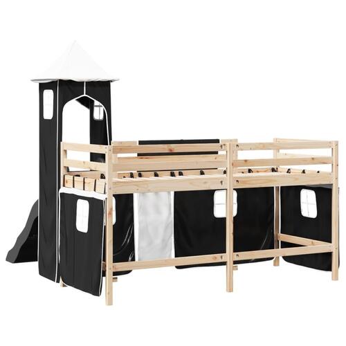 Højseng med tårn 90x190 cm massivt fyrretræ hvid og sort