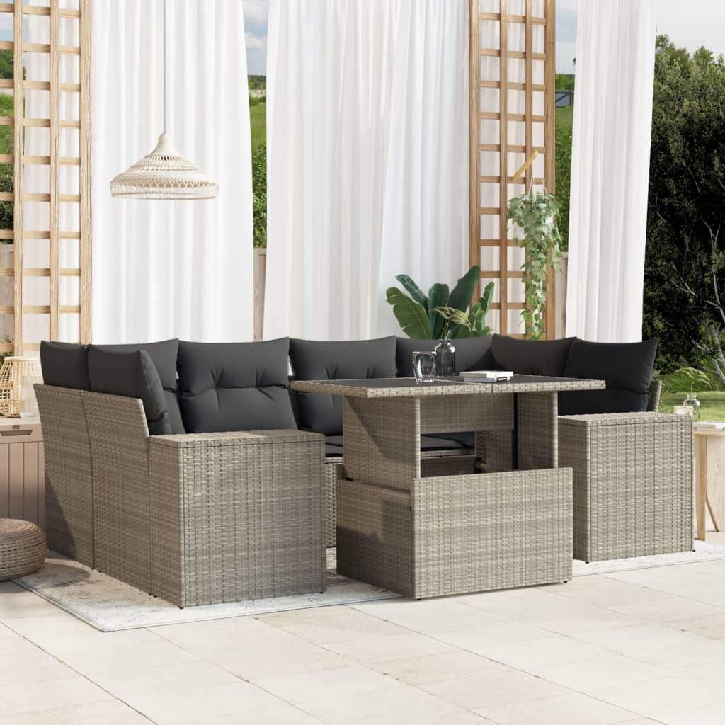 Sofasæt til haven 7 dele med hynder i polyrattan lysegrå billede
