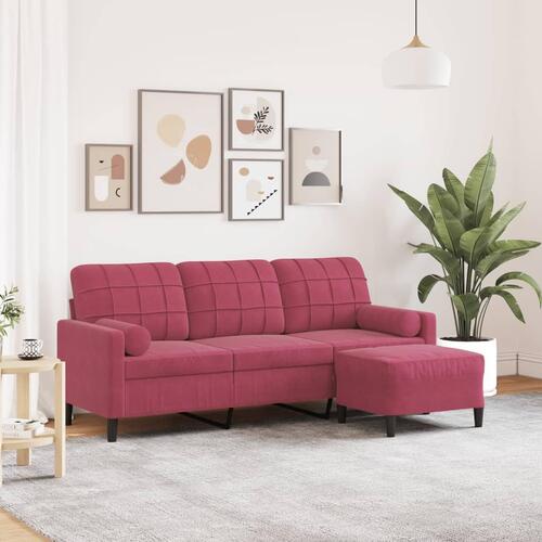 3-personers sofa med fodskammel 180 cm velour vinrød