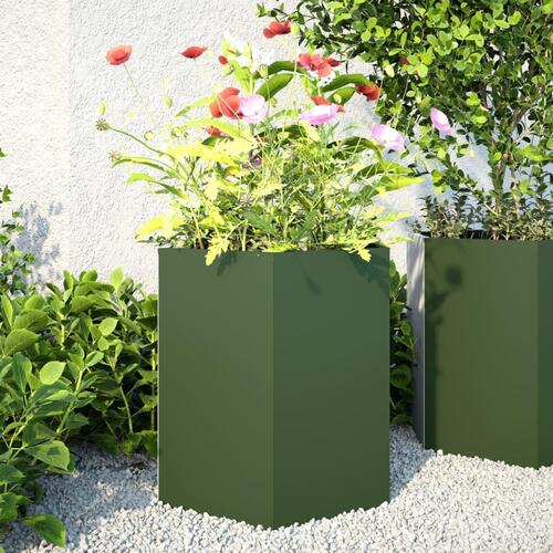 Plantekasser 2 stk. 46x40x45 cm sekskantet stål olivengrøn