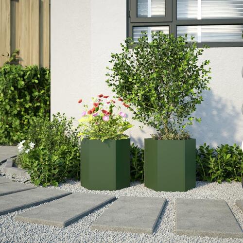 Plantekasser 2 stk. 46x40x45 cm sekskantet stål olivengrøn