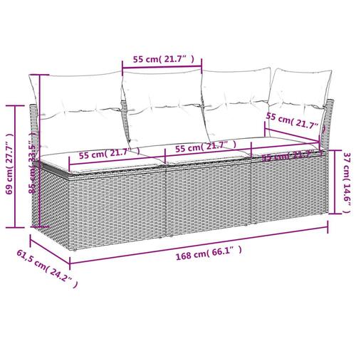 3-personers havesofa med hynder polyrattan lysegrå