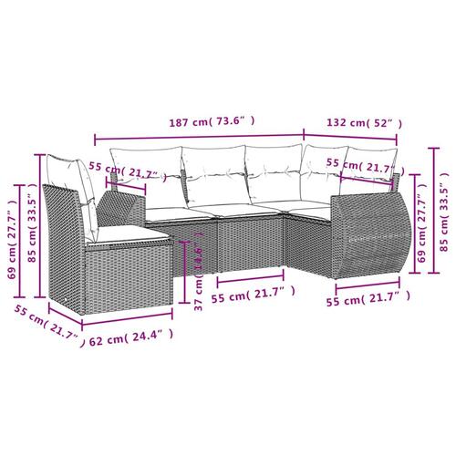 Sofasæt 5 dele med hynder polyrattan lysegrå