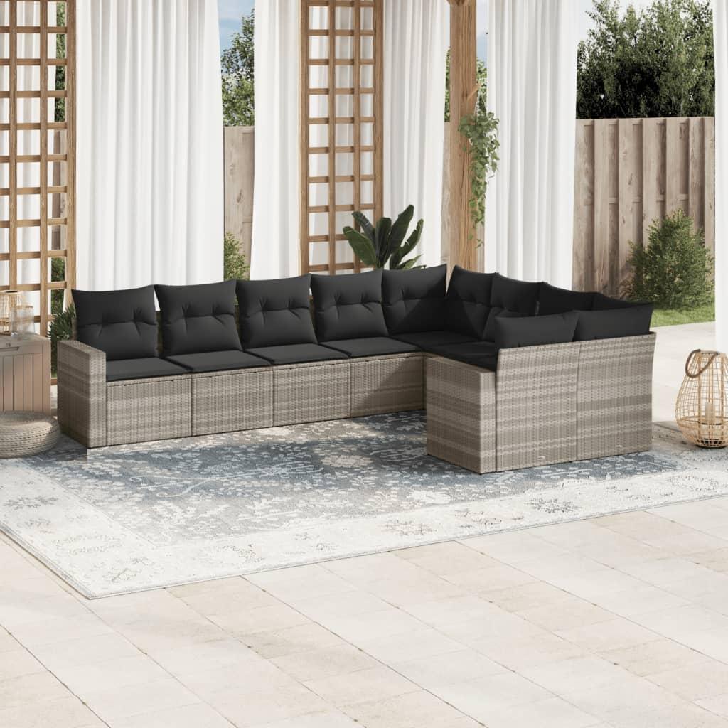 Sofasæt til haven 9 dele med hynder polyrattan lysegrå