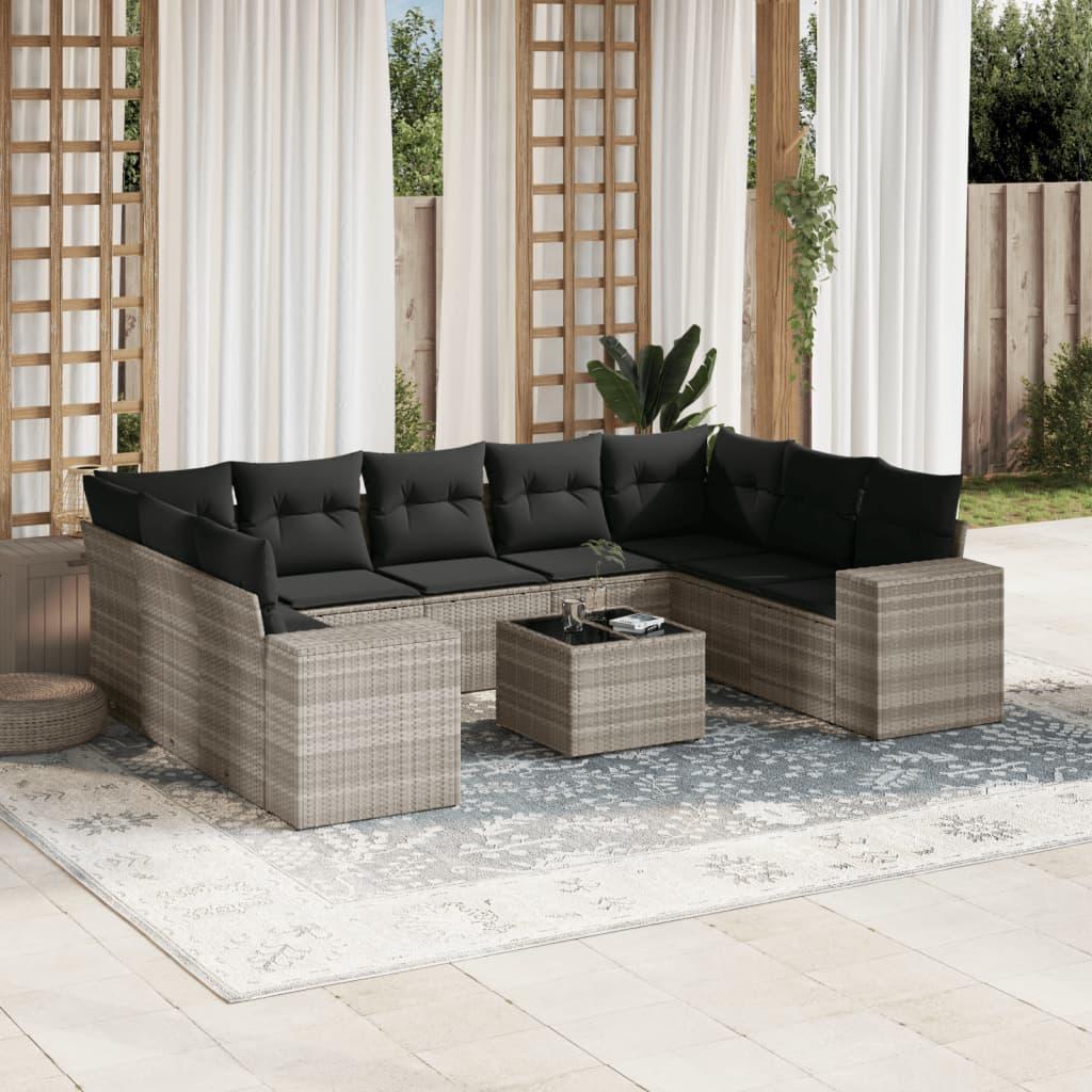 Sofasæt til haven 10 dele med hynder polyrattan lysegrå