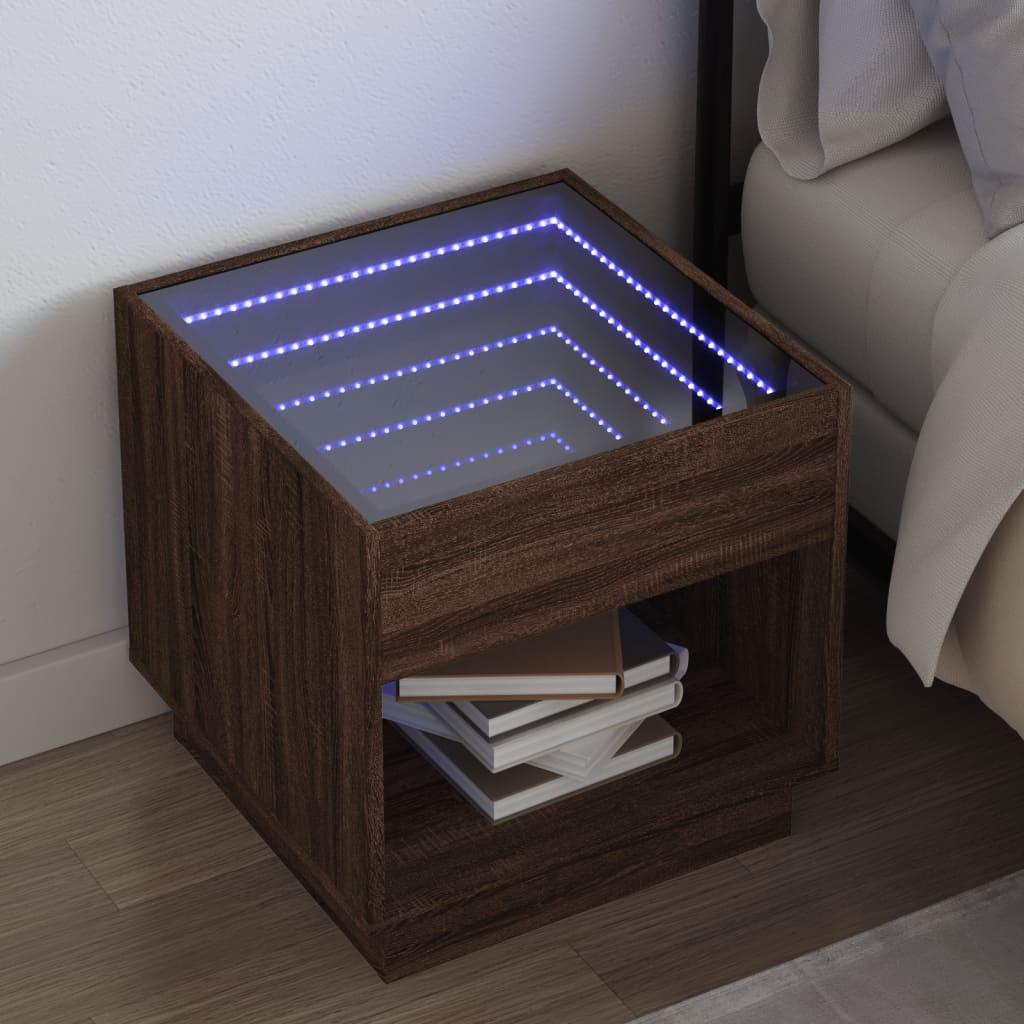Sengebord med Infinity LED-lys 50x50x50 cm brun egetræsfarve billede