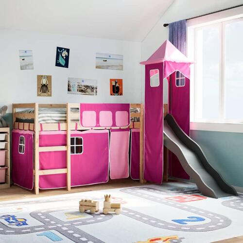Højseng med tårn 90x190 cm massivt fyrretræ pink