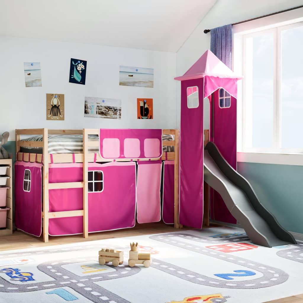 Højseng med tårn 90x190 cm massivt fyrretræ pink