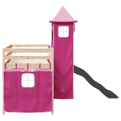 Højseng med tårn 90x190 cm massivt fyrretræ pink