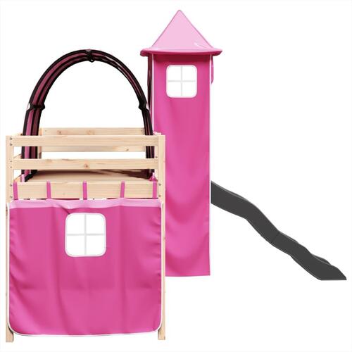 Højseng med tårn 90x190 cm massivt fyrretræ pink