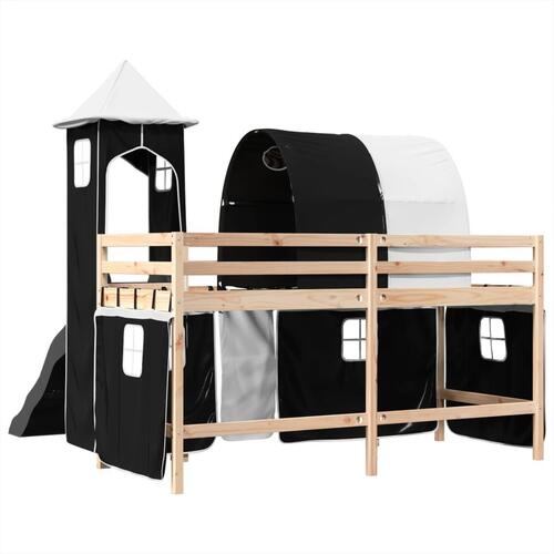 Højseng med tårn 90x190 cm massivt fyrretræ hvid og sort