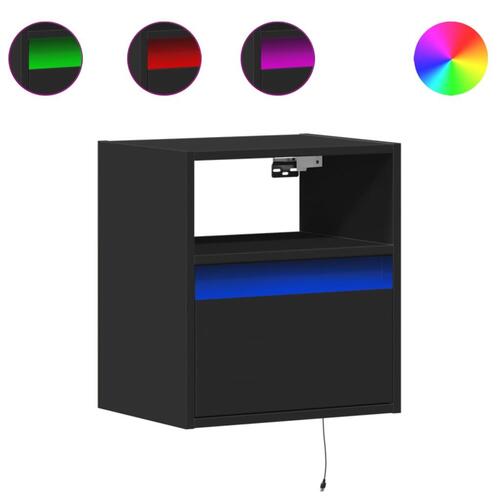 Væghængt sengebord med LED-lys sort