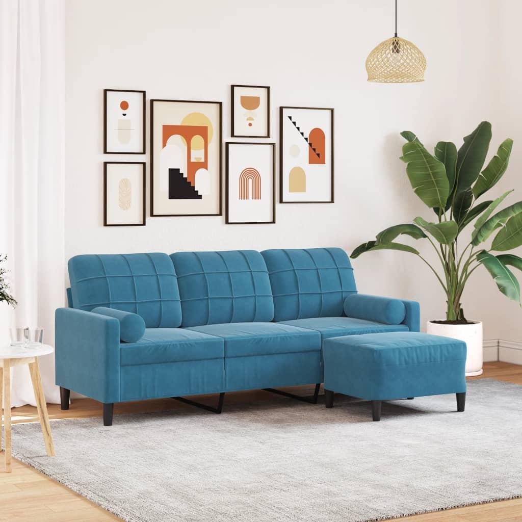 3-personers sofa med fodskammel 180 cm velour blå