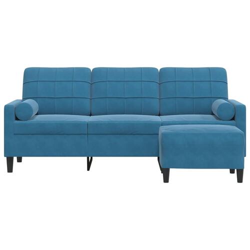 3-personers sofa med fodskammel 180 cm velour blå