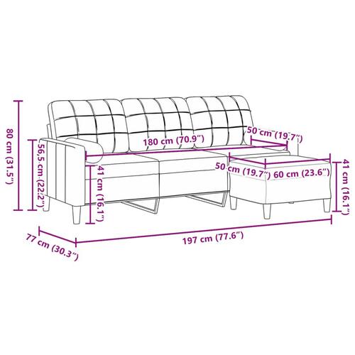 3-personers sofa med fodskammel 180 cm velour blå