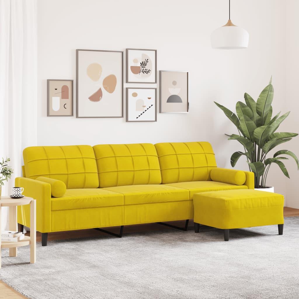 3-personers sofa med fodskammel 210 cm fløjl gul