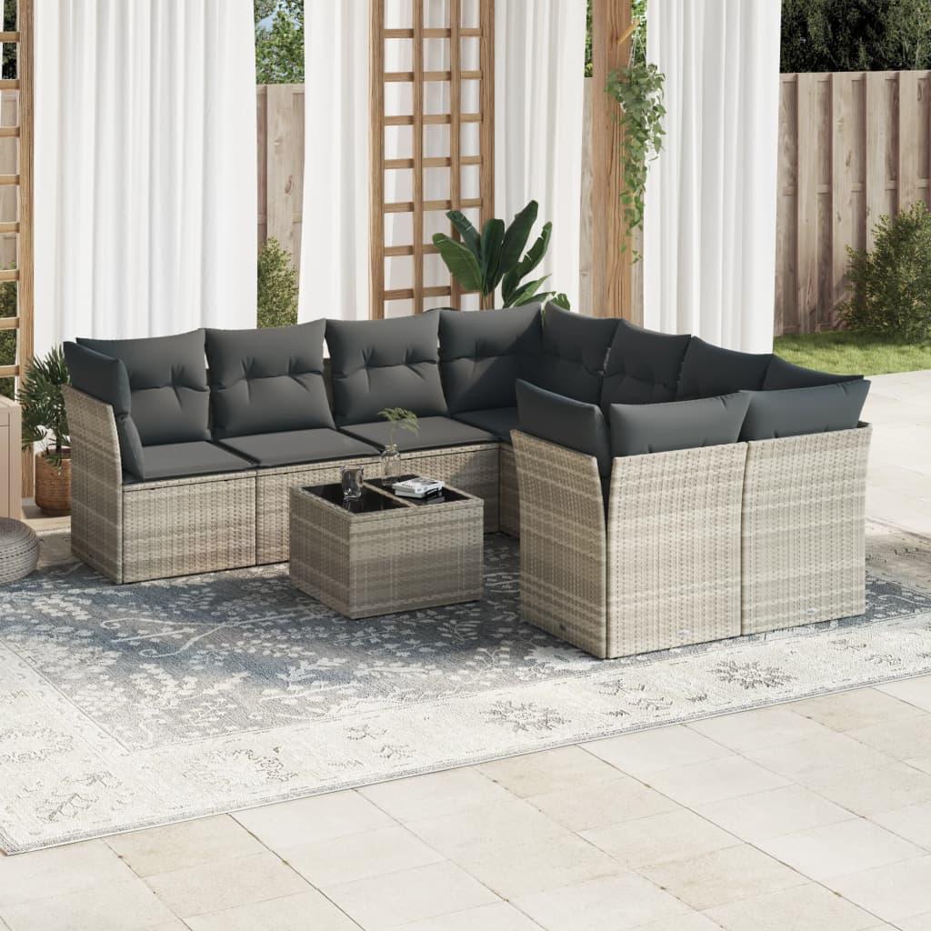 Sofasæt til haven 9 dele med hynder polyrattan lysegrå