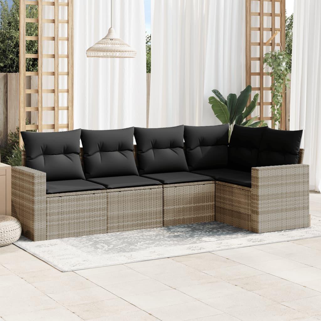 Sofasæt 5 dele med hynder polyrattan lysegrå