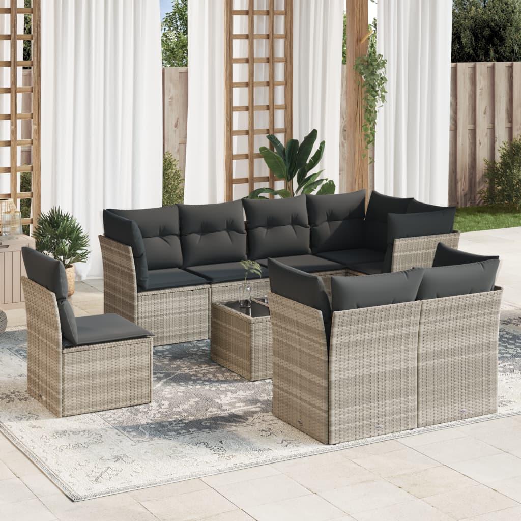 Sofasæt til haven 9 dele med hynder polyrattan lysegrå