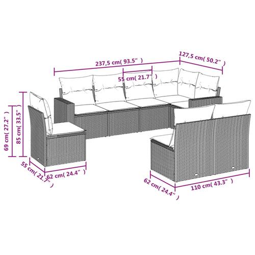 Sofasæt til haven 8 dele med hynder polyrattan lysegrå