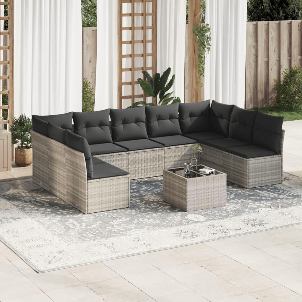 Sofasæt til haven 10 dele med hynder polyrattan lysegrå