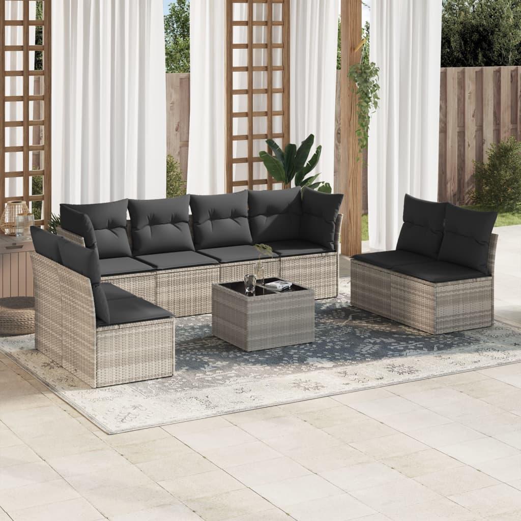 Sofasæt til haven 9 dele med hynder polyrattan lysegrå