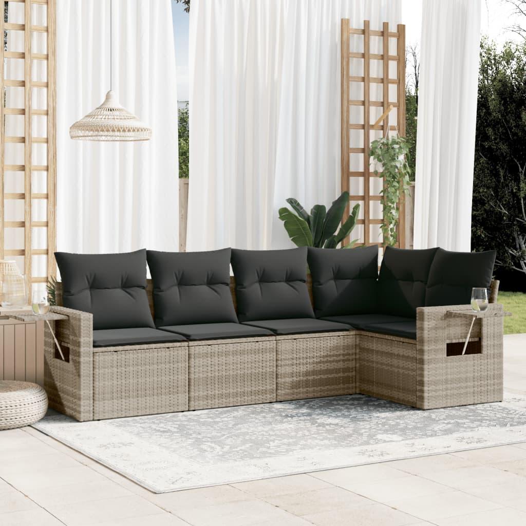 Sofasæt 5 dele med hynder polyrattan lysegrå