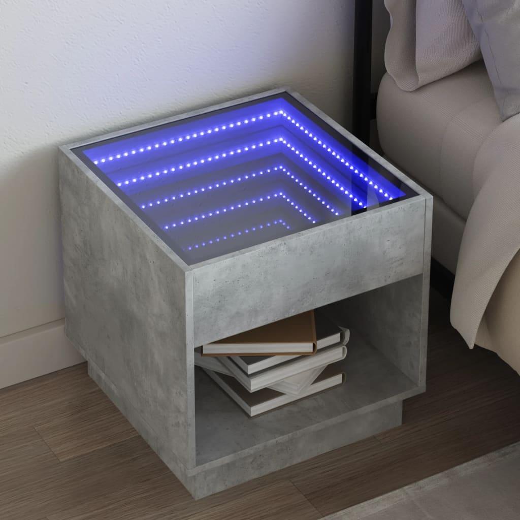 Sengebord med Infinity LED-lys 50x50x50 cm betongrå billede