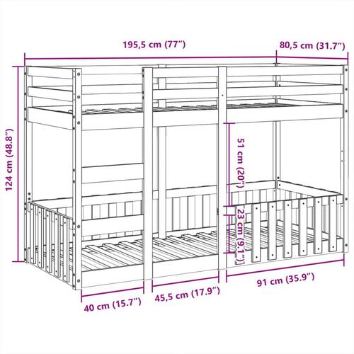 Køjeseng 75x190 cm massivt fyrretræ hvid