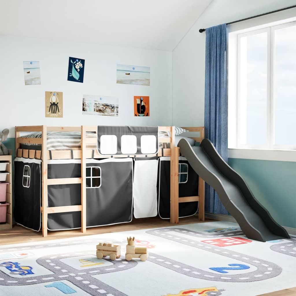 Højseng med gardiner 90x190 cm massivt fyrretræ hvid og sort