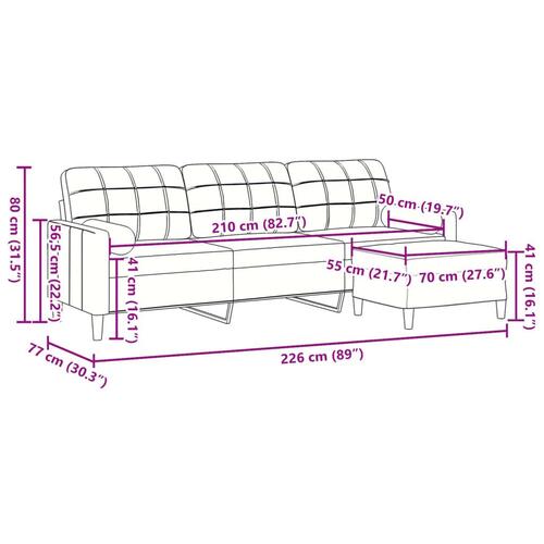 3-personers sofa med fodskammel 210 cm velour lyserød
