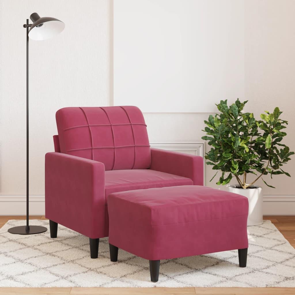 Sofastol med fodskammel 60 cm velour vinrød