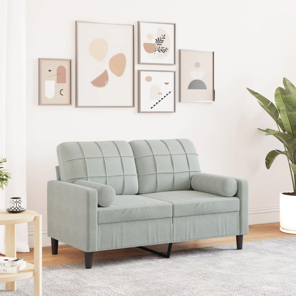 2-personers sofa med pyntepuder 120 cm velour lysegrå