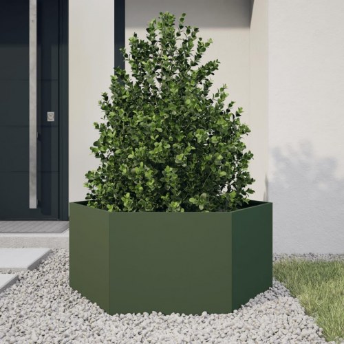 Sekskantet plantekasse i stål - 104 × 90 × 45 cm, olivengrøn