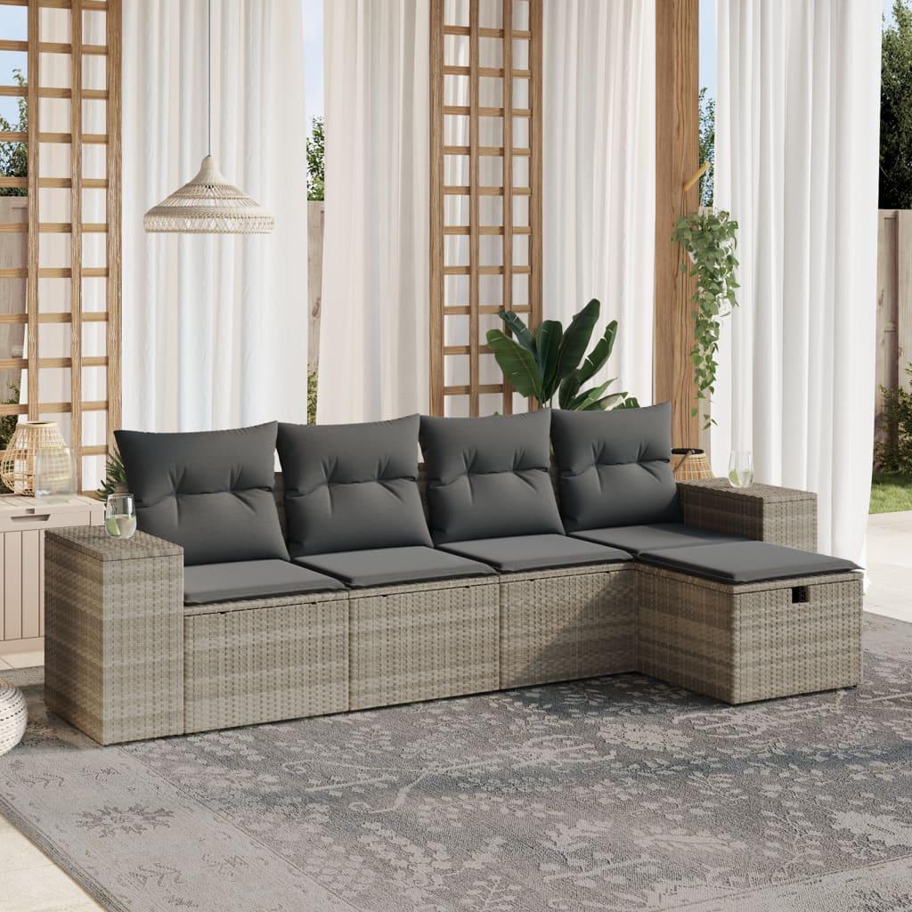 Sofasæt 5 dele med hynder polyrattan lysegrå