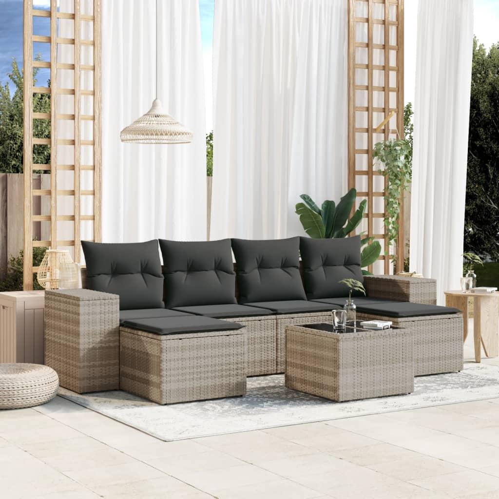 Sofasæt til haven 7 dele med hynder polyrattan lysegrå billede