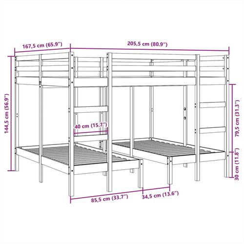Tredobbelt køjeseng 140x200/70x140 cm massivt fyrretræ