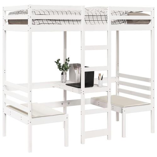 Højseng med skrivebord og stole 75x190 cm massivt fyrretræ hvid