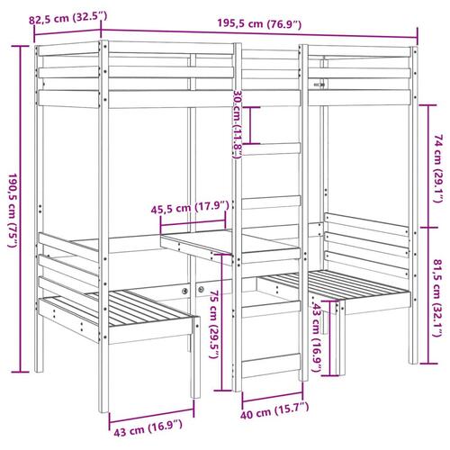 Højseng med skrivebord og stole 75x190 cm massivt fyrretræ hvid