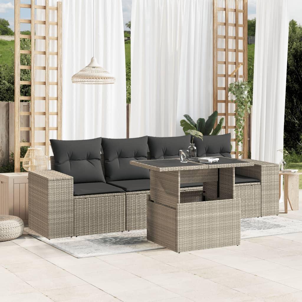 Sofasæt 5 dele med hynder polyrattan lysegrå