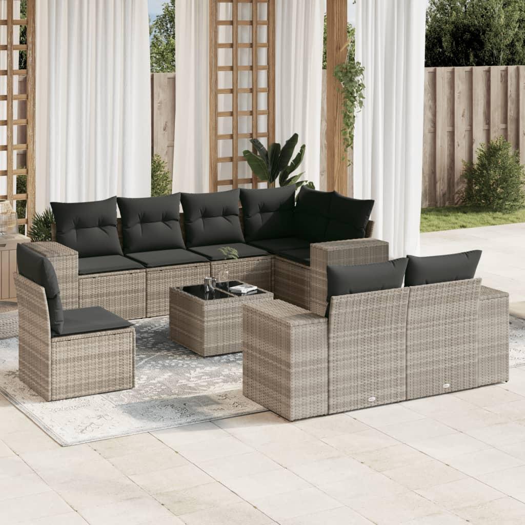 Sofasæt til haven 9 dele med hynder polyrattan lysegrå