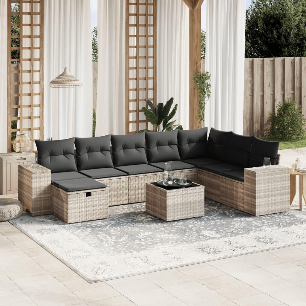 Sofasæt til haven 9 dele med hynder polyrattan lysegrå