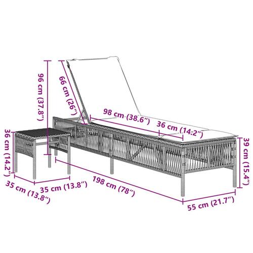 Liggestole 2 stk. med bord polyrattan brun