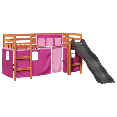 Højseng med gardiner 90x190 cm massivt fyrretræ pink