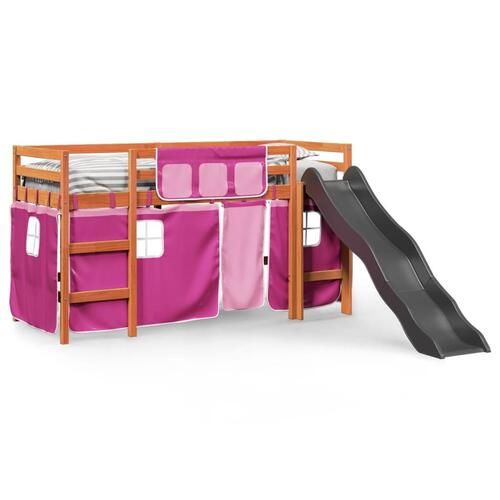 Højseng med gardiner 90x190 cm massivt fyrretræ pink
