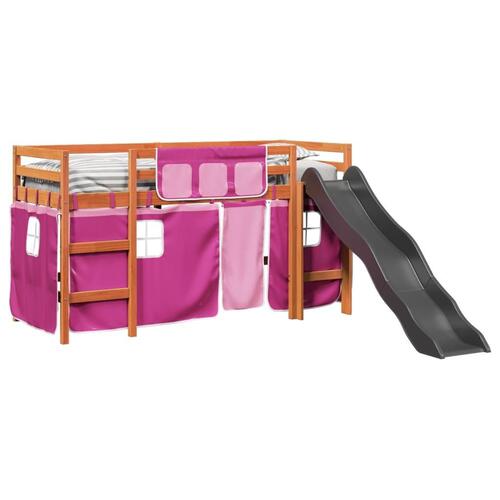 Højseng med gardiner 90x190 cm massivt fyrretræ pink