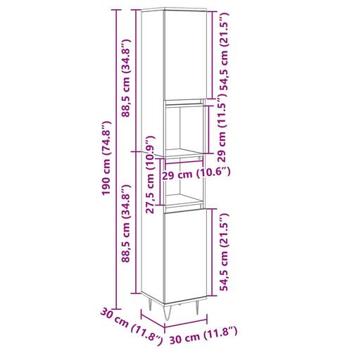 Badeværelsesskab 30x30x190 cm konstrueret træ sonoma-eg